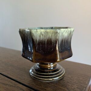 Vintage Hull USA F3 Pottery Brown Green Drip Glaze Pedestal Planter Vase 4" Tall